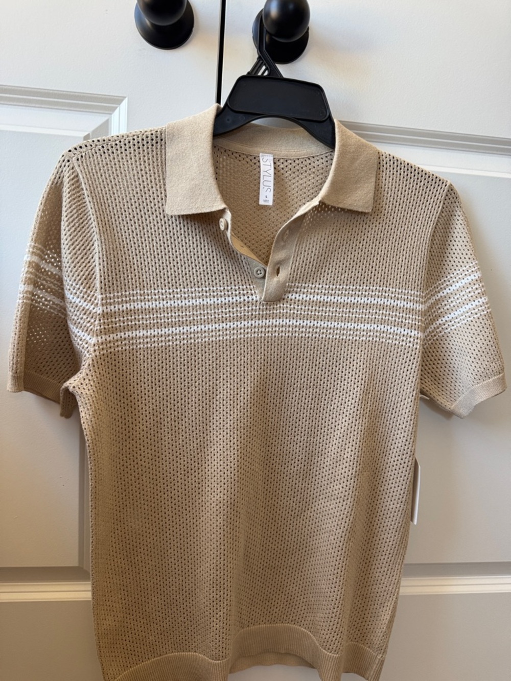 STYLUS Beige Knit Short-Sleeve Polo with White Stripes
